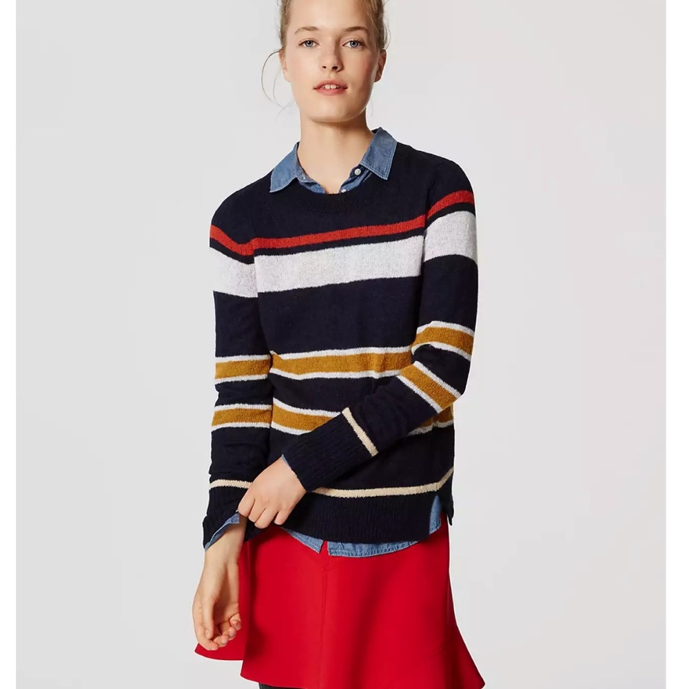 LOFT Navy Striped Crewneck Sweater with Red, White & Mustard Stripes